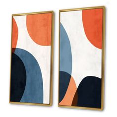 two framed art pieces with abstract shapes on the wall, one is orange and blue