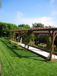 a long row of benches sitting on top of a lush green field