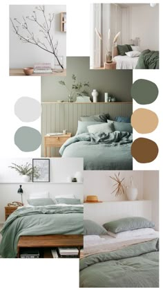 a collage of photos with different shades of green and brown on the bedding