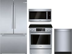 stainless steel kitchen appliances including refrigerator, stove and dishwasher