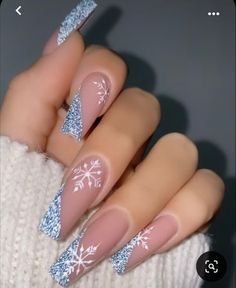 Blue Christmas Nails, Long Square Nails, Sparkle Nails, Acrylic Nails Coffin Short