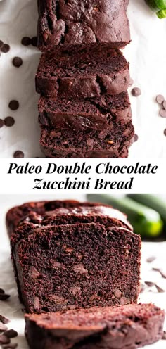 chocolate zucchini bread is cut in half and stacked on top of each other