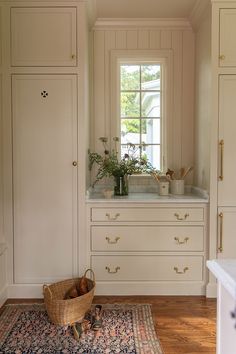 a kitchen with white cabinets and wooden flooring next to an area rug that has a potted plant on it