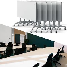 there are four tables and chairs in the room with dividers on each one side