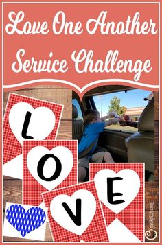 the love one another service challenge is shown with pictures of people in cars and hearts