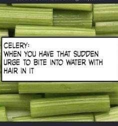 a pile of celery that is next to a sign with the words celery when you have that sudden urge to bite into water with hair in it