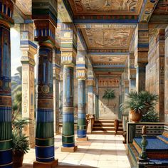 an egyptian style hallway with columns and paintings on the walls, palm trees in pots