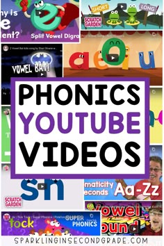 the words phonics youtubee videos surrounded by images of cartoon characters