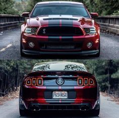 the front and side view of a red mustang