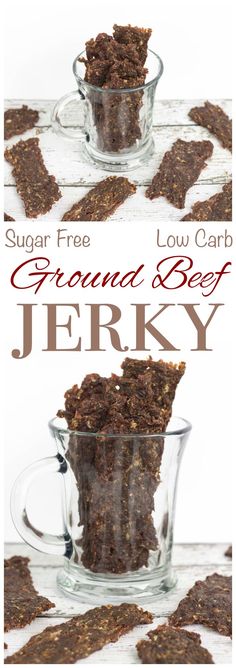 a glass bowl filled with granola beef jerry next to another bowl full of granola beef