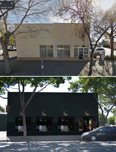 before and after photos of a building with trees in the foreground, then on the right