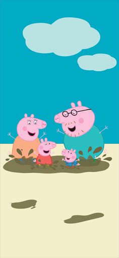 three peppos are standing in the sand with one pig on his back and two pigs