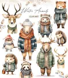 watercolor animals wearing winter clothes and scarves are featured in this clipart set