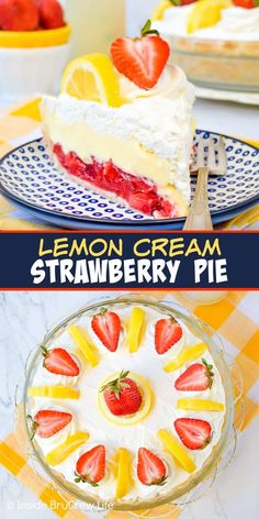 lemon cream strawberry pie with fresh strawberries on top and the bottom slice cut out