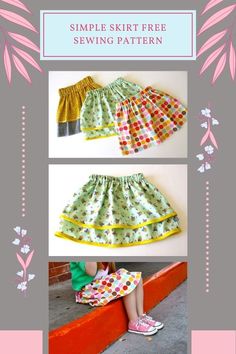 three pictures of different skirts with the words simple skirt free sewing pattern written below them