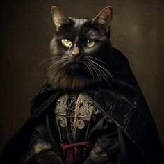 a black cat wearing a costume and looking at the camera while standing in front of a dark background