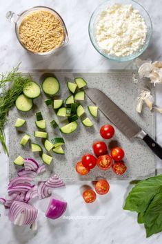 the ingredients to make this dish include cucumbers, tomatoes, onions and cheese