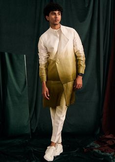 Moss ombre bandi with overlap & flap detail. Carnival Outfit For Men, Ombre Kurta For Men, Carnival Outfit Men, Mens Ethnic Wear Kurta, Fancy Kurta For Men, Designer Kurta For Men, Kurta Designs Men's, India Fashion Men