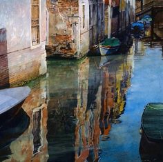 a painting of some buildings and boats in the water with reflections on the water surface