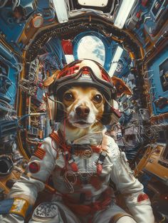 a dog dressed up in an astronaut's space suit