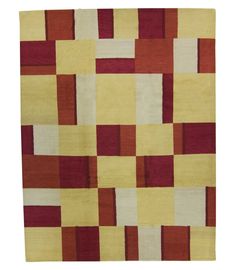 a red and yellow rug with squares on it