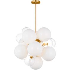 a chandelier with white glass balls hanging from it's golden metal frame