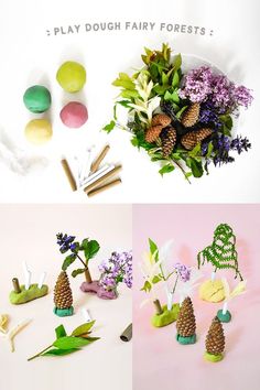 there are three different pictures with pine cones and flowers in them, one is made out of clay and the other has fake plants