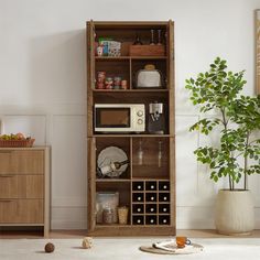 a kitchen with a microwave, potted plant and other items on the floor in front of it