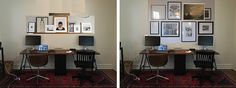 two photographs of a desk with computers on it and framed pictures above the desks