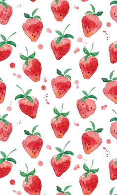 watercolor strawberrys on white background with green leaves and pink berries in the middle