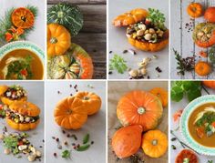 many different pictures of pumpkins and other food