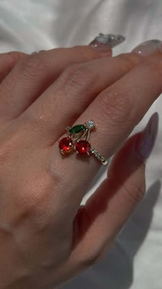 Summer Cherry Nails, Tiny Nail Designs, Red Jewelry Aesthetic, Cherry Outfit Ideas, Cherry Rings, Cherry Stuff, Cherry Clothes, Cherry Ideas, Jewelery Rings