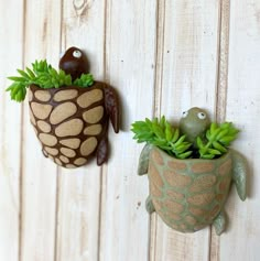 two clay pots with plants in them hanging on the wall