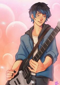 a man with blue hair is holding a guitar