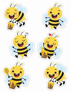 four stickers with different images of bees and honeybees, one has a bee on