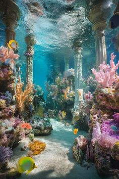 an underwater scene with columns and corals