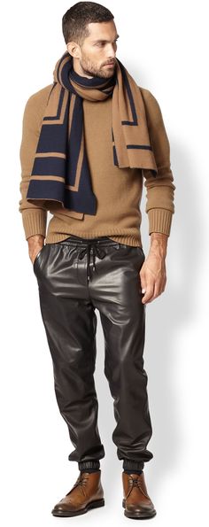 Cashmere Sweater, Black Leather drawstring pants, and Graphic Scarf, Louis Vuitton. Mens Fall Winter Fashion. Black Leather Men Outfit, Male Leather Pants, Guys In Leather Pants, Louis Vuitton Sweater, How To Wear Joggers, Mens Tight Leather Jeans, Graphic Scarf, Fetishwear Men Leather, Hot Boots