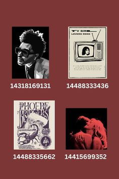 four different types of posters on a red background with numbers and symbols in the upper left corner