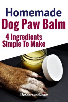 a dog paw next to a jar of homemade dog paw balm with the title, homemade dog paw balm 4 ingredients simple to make