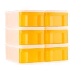 three yellow plastic storage containers stacked on top of each other, one empty and the other closed