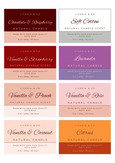 different types of labels for candles and candle waxs in various colors, sizes and shapes