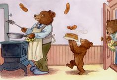 two brown bears standing next to each other in front of a stove with food on it