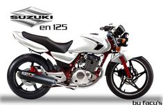 a white and red motorcycle is shown with the name suzuki en 123 on it