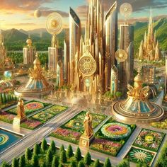 an artist's rendering of a futuristic city surrounded by greenery and gold statues