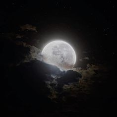 the full moon is shining brightly in the dark night sky, with clouds and stars