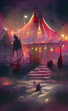 Front of a Mysterious circus at night Circus Environment Concept Art, Fantasy Circus Art, Mysterio Comic, Circus Concept Art, Funhouse Aesthetic, Dark Circus Art, Urban Fantasy City, Dungeon Design, Creepy Wallpaper