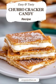 easy and tasty churro cracker candy recipe on a white plate with text overlay