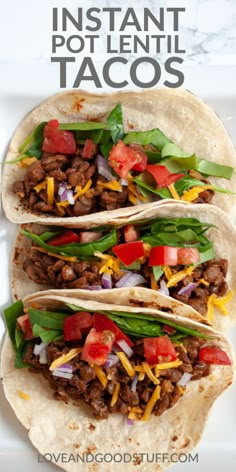 three tacos on a white plate with text overlay