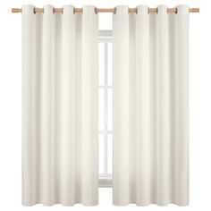 a white curtain hanging on the side of a window with wooden rod ends and two windowsills