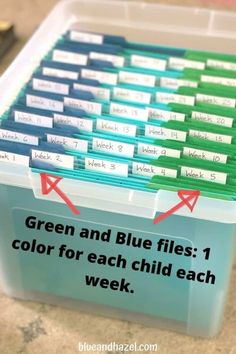 a plastic container filled with green and blue files